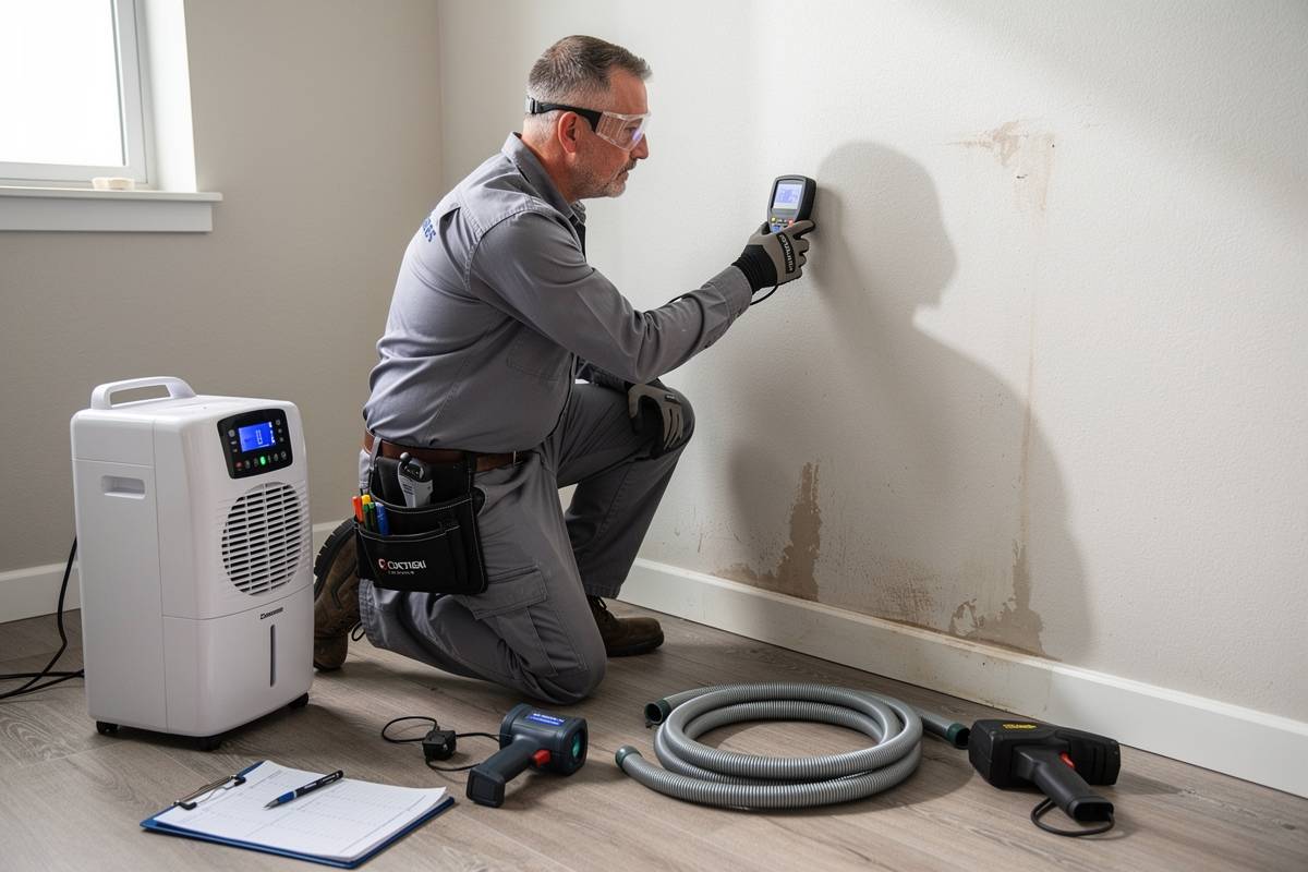 professionnel traite des taches d'umidité sur mur